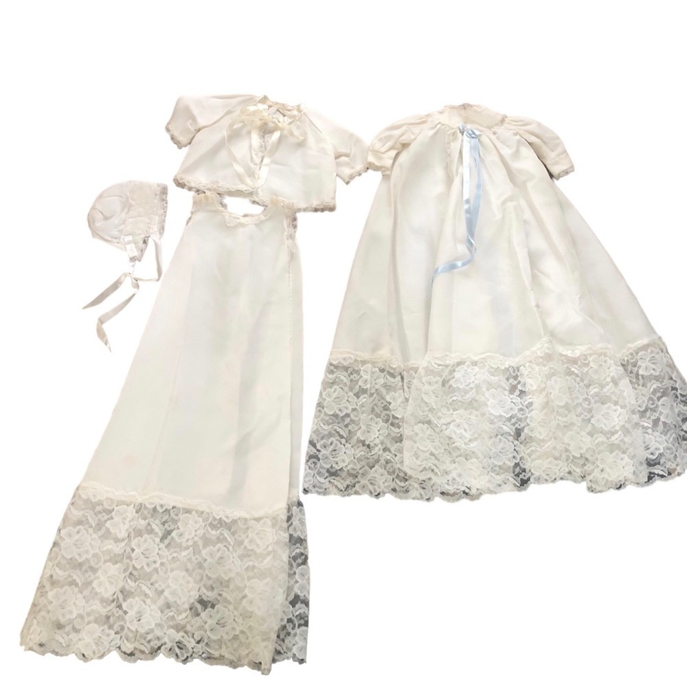 VTG Infant Christening Baptism 4 PC Dress Cape Cardigan Bonnet Ivory W/Lace OS